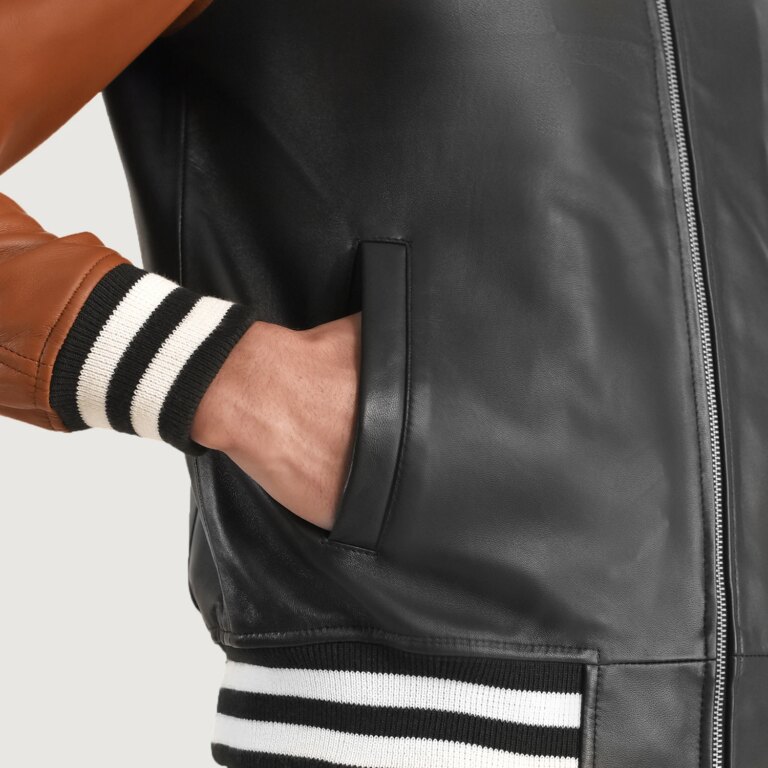 Mens Walton Black & Brown Leather Varsity Jacket Close-Up-9-1704121345457
